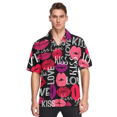 Imagem de GuoChe Camisetas masculinas havaianas de manga curta com botões para namorados beijos lábios vermelhos rabiscos amor preto camisetas esportivas mangá, Valentines Kisses Lips Red Doodles Love Black, P