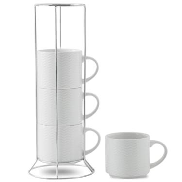 Imagem de HASENSE Conjunto de 4 canecas de café de cerâmica de 340 g, xícaras de café empilháveis em relevo com rack, xícaras de café de porcelana para latte, cappuccino, mocha, cacau, americano, chá quente e