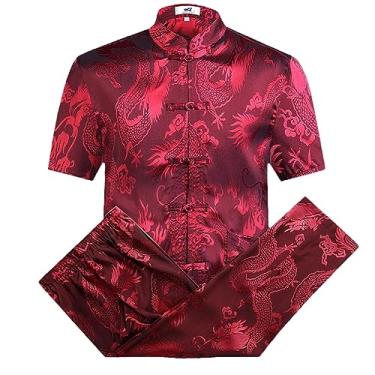 Imagem de Roupa masculina chinesa tradicional para homens, calças masculinas, camisetas orientais Cheongsam Tang Top, Conjunto curto vermelho, Small