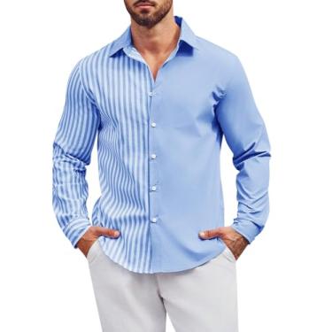 Imagem de Runcati Camisa masculina de botão de manga comprida listrada elegante de algodão patchwork, Azul-celeste, G
