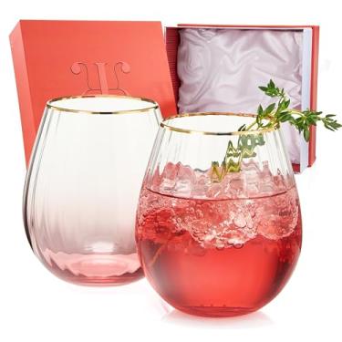 Imagem de Khen Copos de vinho grande vermelho blush | Conjunto de 2 | Copos em forma de balão de cachoeira com borda dourada, cor ombré vibrante ondulada para coquetéis e vinho, vidro de cristal dourado vintage