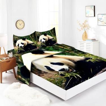 Imagem de Bhoyctn Jogo de lençol solteiro com estampa de panda animal, 4 peças, verde, lençol de cima com bolso profundo de 40,6 cm, 100% microfibra, ultramacio e agradável à pele
