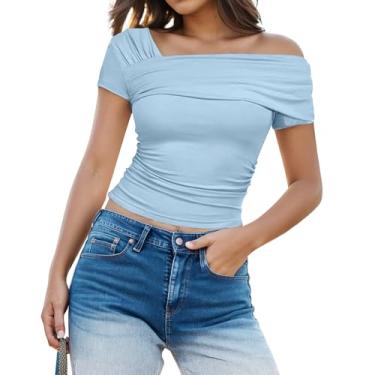 Imagem de Camiseta feminina com ombro de fora, manga curta, franzida, lateral, casual, elegante, cropped, Azul, G