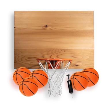 Imagem de Cali Kiwi Pros Conjunto de mini cesta de basquete e bola Elite, suporte de parede, interior feito nos EUA. Inclui aro de 23 cm, rede, bomba e 5 mini bolas de basquete. (Natural)