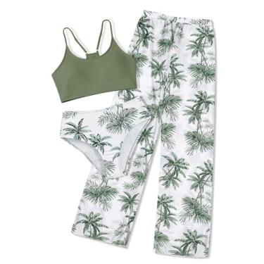 Imagem de NECIOUS Biquíni para meninas, biquíni de 3 peças, roupa de banho floral tropical com calça de saída de praia 7-16 anos, Verde, 15-16 Years