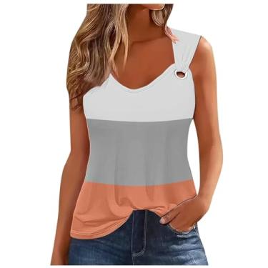Imagem de Lainuyoah Camisetas femininas sem mangas casuais de verão com alça redonda e gola entalhada, casual, colorblock gradiente, moderna, D - laranja, P