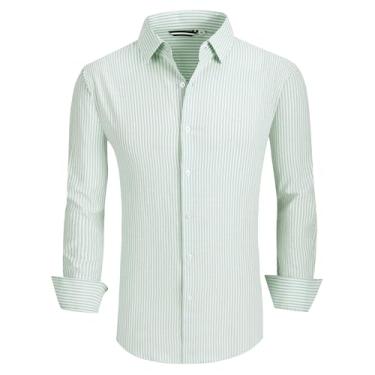 Imagem de Esabel.C Camisa social masculina de algodão Seersucker listrada casual com botões para homens, Listra verde, G