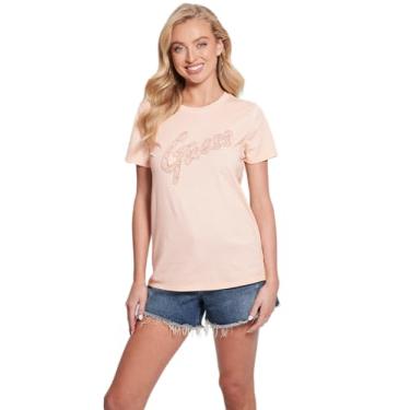 Imagem de GUESS Camiseta feminina ecológica com logotipo de renda e manga curta, Peach Sky Multi, M