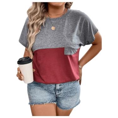 Imagem de SOLY HUX Camisetas femininas plus size color block manga curta gola redonda bolso, Multicolorido., 3G Plus Size