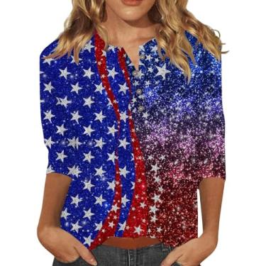 Imagem de Camiseta feminina 4 de julho casual bandeira americana listras estrelas manga 3/4 gola V túnica Memorial Day blusa patriótica, Azul, P