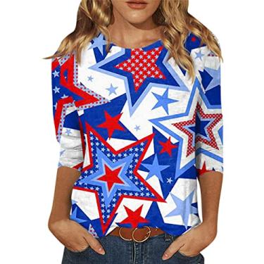 Imagem de Camisetas femininas de manga 3/4 com bandeira americana, listras estrelas, estampadas, túnica patriótica do Memorial Day, Azul, XXG