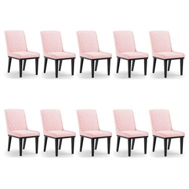 Imagem de Cadeira Sala De Jantar Base Madeira Preto Kit 10 Sofia Suede D03 - D`rossi Cor Rosa Bebê