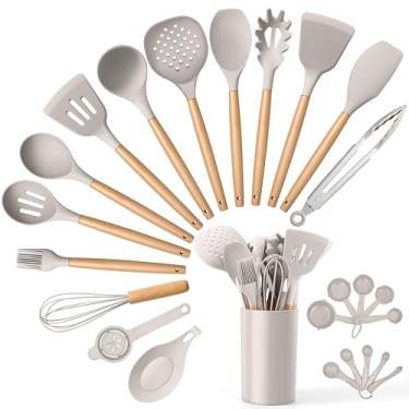 Imagem de E-far Conjunto de utensílios de cozinha de silicone com suporte, conjunto de utensílios de cozinha de 25 peças com cabo de madeira para panelas antiaderentes, espátula de utensílios de cozinha