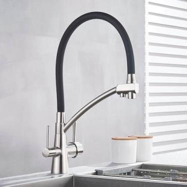 Imagem de Torneira de pia de cozinha, torneira, filtro de água pura, misturador, guindaste, alças duplas, purificação, torneira de cozinha quente e fria, mangueira preta escovada