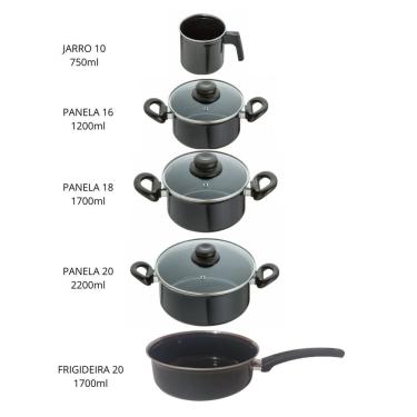 Imagem de Jogo Panelas 5 peças Aço Vítreo Preto Cerâmica Indução JJB