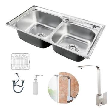 Imagem de Kit Cuba Dupla Cozinha Gourmet Inox E Torneira Perfil L Slim - Brinova