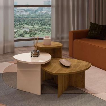 Imagem de conjunto com 2 mesas laterais e 1 mesa de centro delta pinho e off white