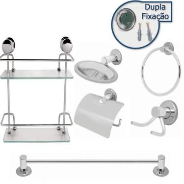 Imagem de Kit Banheiro Inox 6pcs Com Porta Shampoo Duplo Reto Vidro 6mm Linha St