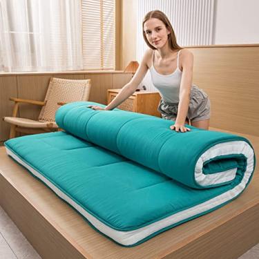 Imagem de MAXYOYO Colchão para cama de solteiro, colchão de futon japonês, almofada de tatami duplo, para acampamento, fácil de dobrar e portátil, tapete individual para futon turquesa