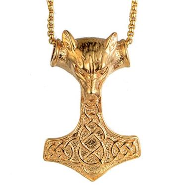 Imagem de Presente de Dia dos Namorados para ele, motociclista, masculino, aço inoxidável, preto, lobo viking, Thors, Mjolnir, corrente de 61 cm (ouro)