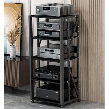 Imagem de Suporte de mídia AV móvel de 3/4/5 níveis Prateleira de canto para leitor de CD, gabinete de armazenamento de componentes estéreos, torre de áudio com prateleiras de madeira ajustáveis de altura para