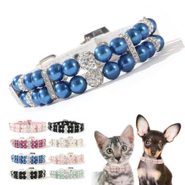Imagem de Coleira de pérola azul para cães, colar de strass com contas de luxo para cães pequenos, joia de diamante bonita e bonita para XXS XS, pequena, média, fêmea, meninas, gatinho, cachorrinho, casamento