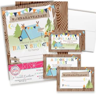 Imagem de Convites de chá de bebê para meninos – Conjunto de convites de chá de bebê para acampamento com ingressos de sorteio de fraldas, cartões de solicitação de livro e envelopes. Conjunto de 20 conjuntos
