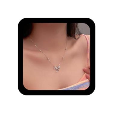 Imagem de YienDoo Colar com pingente de laço de cristal de coração divertido prata vintage laço colar de cristal declaração rosa strass laço gargantilha boho gravata borboleta colar berloque joias para mulheres