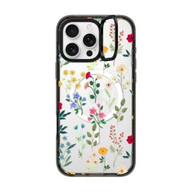 Imagem de CASETiFY Capa com suporte de anel de impacto para iPhone 16 Pro Max [suporte/2 m. 3 x proteção contra quedas de grau militar/compatível com Magsafe] - Spring Botanicals 2 - preto transparente