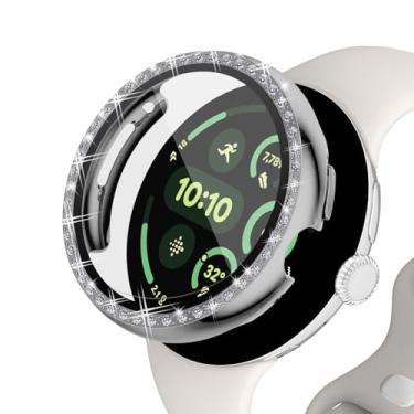Imagem de Capa protetora de tela compatível com Google Pixel Watch 3 de 41 mm e 45 mm, capa protetora completa de policarbonato rígido com filme de vidro temperado para acessórios Pixel Watch 3 (prata, 41 mm)
