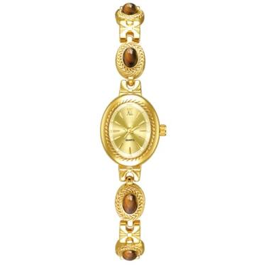 Imagem de ADSBIAOYE Relógio feminino vintage delicado com mostrador oval pequeno, pulseira dourada, vestido feminino, à prova d'água, analógico, casual, Dourado, Decoração moderna
