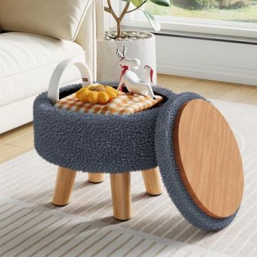 Imagem de Banqueta pequena, pufe redondo boucle com armazenamento, bancos fofos para descanso de pés com veludo de pelúcia, pufe de chão, mesa de centro otomana, pufe de chão, pufe resistente com pernas de
