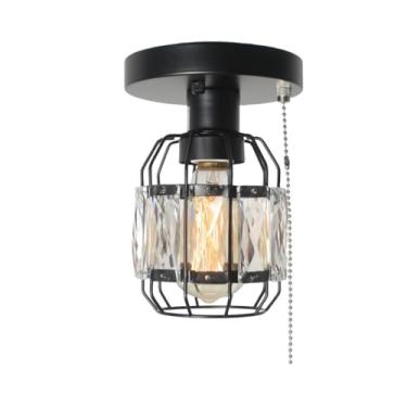 Imagem de Baiwaiz Crystal Cage Pull String Semi Flush Mount Light, 1-Light Black Metal Modern Industrial Ceiling Light Luminária Com Puxador De Corrente Pequena Redonda Corredor Closet Luz De Teto Edison E26