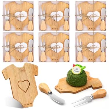 Imagem de Skybooly Conjunto de 6 lembrancinhas de festa de chá de bebê mini tábuas de charcutaria de madeira com facas e garfos em forma de body a granel tábuas de queijo com cartões e caixa de presente para