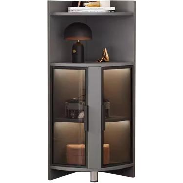 Imagem de Vitrines de vidro com canto curvado curioso para espaços pequenos, suporte de estante de livros de 119 cm com porta de vidro temperado, barra de luz LED e caixa de bebidas, cinza + preto
