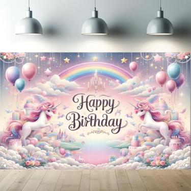 Imagem de Pano de fundo de aniversário de unicórnio, arco-íris, unicórnio, decorações de festa de aniversário, banner, castelo pastel, fundo de fotografia de unicórnio, estilo conto de fadas, banner,