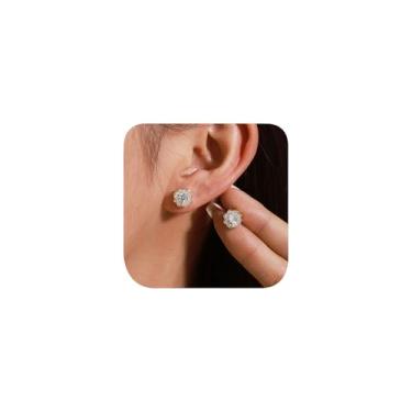 Imagem de Brincos de flor banhados a ouro 14K para mulheres premium zircônia cúbica esmeralda brincos de prata esterlina brilhante redondo diamante falso halo brincos joia presente (branco)