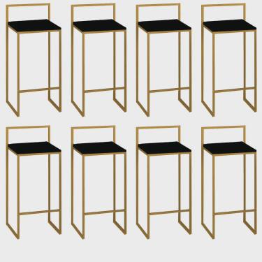 Imagem de Kit 08 Banquetas Alta Com Encosto Lino Industrial Balcão Bistrô Ferro Dourado mdf Madeira Preto - Ahz Móveis
