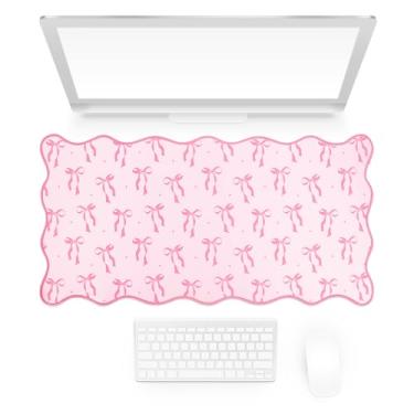 Imagem de FYSUIMU Tapete de mesa de laço rosa coquete laço grande tapete de mouse com borda costurada bonito antiderrapante base de borracha tapete de teclado para acessórios de bancada de escritório em casa,