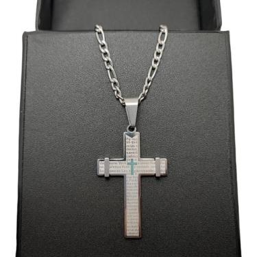 Imagem de colar masculino crucifixo pai nosso inox prateado 3x1 c2 - kingstore