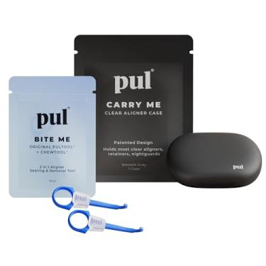 Imagem de Kit de conveniência PUL Aligner Care – Estojo + ferramenta 2 em 1 para Invisalign, retentores, dentaduras parciais, protetores bucais e noturnos e muito mais – Estojo cinza e 2 pacotes de ferramentas