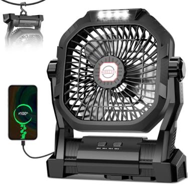 Imagem de Ventilador de acampamento recarregável, ventilador portátil alimentado por bateria de 20.000 mAh com luz LED e gancho, 4 velocidades 180° ajustável, essenciais de acampamento para barraca, viagem