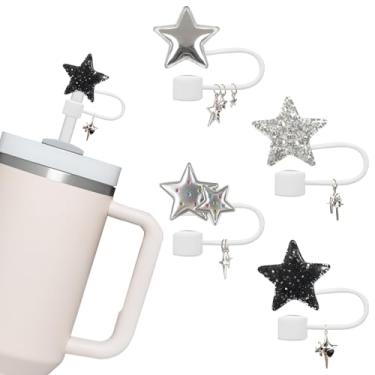 Imagem de ALIBBON 4 peças de cobertura de canudo de silicone para Stanley Cup Y2K Glitter preto prata estrela topo de palha para Stanley Cup tampas de canudos à prova de poeira reutilizáveis compatíveis com