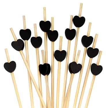 Imagem de BambooMN Espetos decorativos de bambu com coração preto de 15 cm para coquetéis de frutas, para eventos, feriados, restaurantes ou buffets, artigos de festa, 100 peças