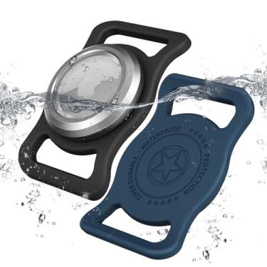 Imagem de Suporte impermeável para coleira AirTag, [pacote com 2] capa de alumínio para evitar mastigar Apple Air Tag para mochila de coleira de animais de estimação 「preta/azul marinho-1PS」