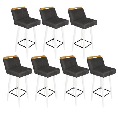 Imagem de Kit 07 Banqueta Alta C/ Encosto Lith Para Cozinha Bar Pé Palito Branco Suede Cinza - Amey Decor