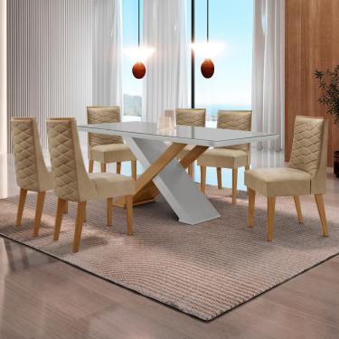 Imagem de Mesa Sala De Jantar Carol 180cm E 6 Cadeiras Safira Moderna Turim / Off White / Imbuia
