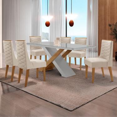 Imagem de Mesa Sala De Jantar Carol 180cm E 6 Cadeiras Safira Moderna Veludo Creme/off White/imbuia