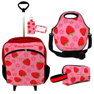 Imagem de Kit Mochila Escolar Infantil Rodinhas Lancheira Estojo Isoprene Moranguinhos