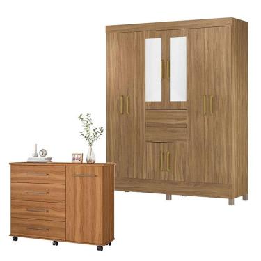 Imagem de Cômoda e Guarda Roupa Casal Flora Munique 8 Portas 2 Gavetas em MDP com Espelho Amêndol...